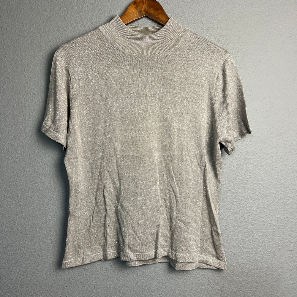 Casual Corner Top XL Silver Silk Blend Holiday Short SL Mock Neck Sparkle Knit